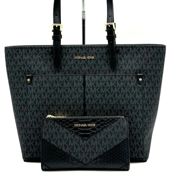 Michael Kors Jet Set Medium Pocket Tote Bag & Double Zip Wallet Black Multi - Picture 1 of 13